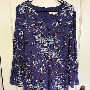 Loft purple floral dress with bell sleeves